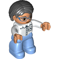 Duplo Figure Bob / Pageboy Hair Black, with Medium Blue Legs, White Top with Pocket, White Arms, Blue Glasses White