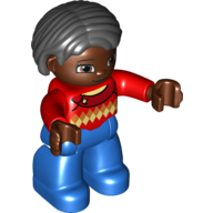 Duplo Figur Bob / Pagenkopf Haare schwarz, mit rotem Pullover mit Rautenmuster (bedruckt), rotbraunes Gesicht und Hände - blaue Beine