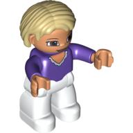 Duplo Figure Bob / Pageboy Hair Tan, with White Legs, Dark Purple Top, Brown Eyes Dark Purple