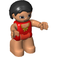 Duplo Figure Bob / Pageboy Hair Black, with Nougat Face, with Red Swimsuit with Yellow Bow, and Nougat Legs Red