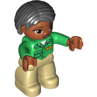 Duplo Figure Bob / Pageboy Hair Black, with Tan Legs, Green Top with 'ZOO' on Front, Brown Head, Brown Eyes Grün