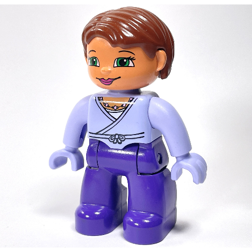 Duplo Figure Bob / Pageboy Hair Reddish Brown, with Dark Purple Legs, Wrap Top with Necklace, Light Lilac Hands Light Lilac