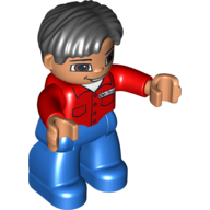 Duplo Figure Side Parted Hair Black, with Blue Legs, Red Shirt with Pockets and Name Tag, Brown Eyes, Nougat Hands Red