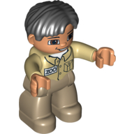 Duplo Figure Side Parted Hair Black, with Dark Tan Legs, Tan Top, Brown Eyes (Zoo Keeper) Beige