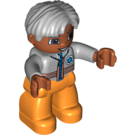 Duplo Figure Side Parted Hair Gray, with Orange Legs, Light Bluish Gray Top with Zipper and Stripes Print (Medic) Hellblaugrau