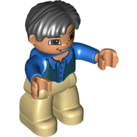 Duplo Figure Side Parted Hair Black, with Tan Legs, Blue Top, Black Vest Blau
