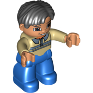 Duplo Figure Side Parted Hair Black, with Blue Legs, Shirt with Collars Print, Brown Eyes, Nougat Hands Tan