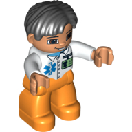 Duplo Figure Side Parted Hair Black, with Orange Legs, with ID Badge and EMT Star of Life Print, Brown Eyes (Medic) Weiß