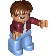Duplo Figure Side Parted Hair Reddish Brown, with Medium Blue Legs, Dark Red Open Shirt, Brown Eyes Nougat Face and Hands Dunkelrot