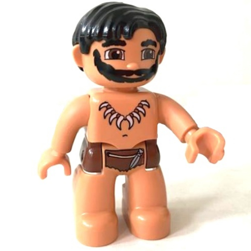 Duplo Figure Side Parted Hair Black, with Nougat Legs, Reddish Brown Hips, Tooth Necklace Print, Black Beard, Nougat Face and Hands (Caveman) Nougat