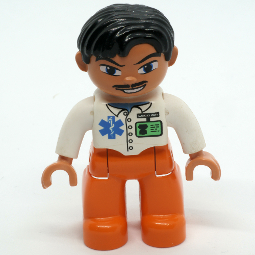 Duplo Figure Side Parted Hair Black, with Orange Legs, with ID Badge and EMT Star of Life, Moustache Print (Medic) Weiß