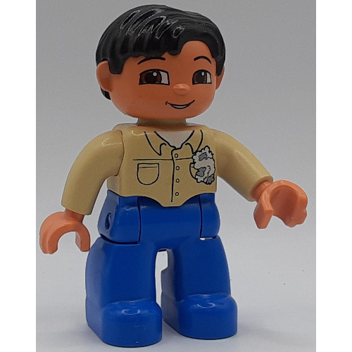 Duplo Figure Side Parted Hair Black, with Blue Legs, Shirt with Rag Print, Brown Eyes, Tan Hands Beige