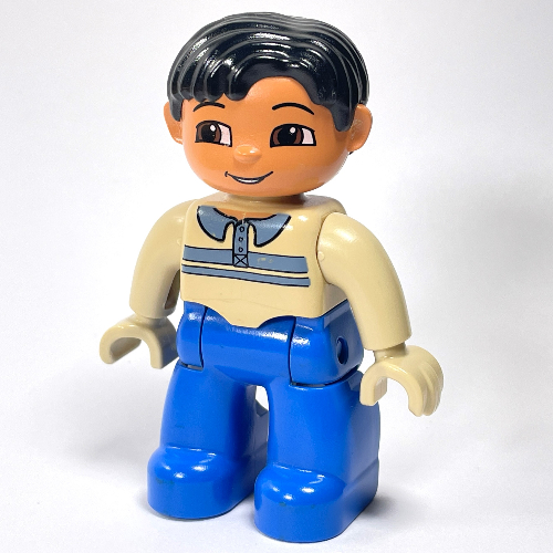 Duplo Figure Side Parted Hair Black, with Blue Legs, Shirt with Collars Print, Brown Eyes, Tan Hands Beige