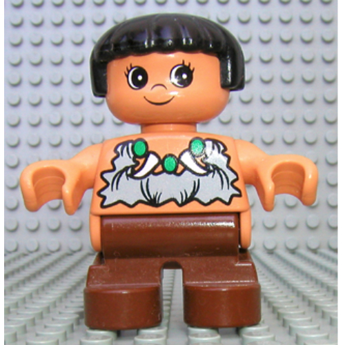 Duplo Figure, Early Child, Straight Hair Black, Brown Legs, Rag Shirt, Bead and Tooth Necklace Print (Caveman) Nougat