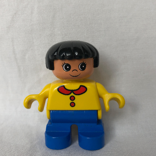 Duplo Figure, Early Child, with Straight Hair Black, Blue Legs, Yellow Top with Collar and 2 Buttons Print Yellow