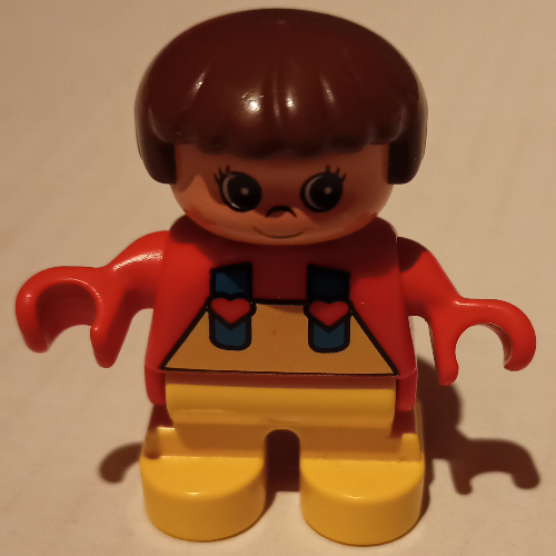 Duplo Figure, Early Child, with Straight Hair Brown, Yellow Legs, Yellow Overalls and Hearts on Straps Print Rot