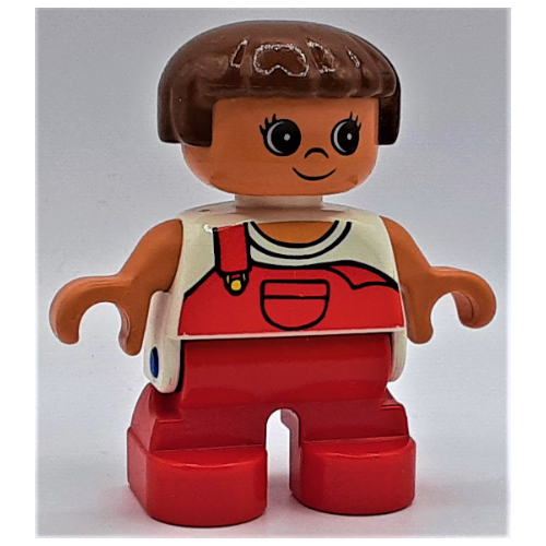 Duplo Figure, Early Child, with Straight Hair Brown, Red Legs, Red Overalls with 1 Strap Print Weiß