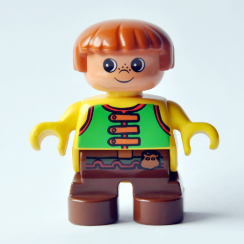 Duplo Figure, Early Child, with Straight Hair Fabuland Brown, Brown Legs, Green Vest Print Yellow