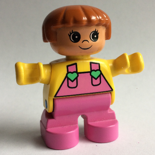 Duplo Figure, Early Child, with Straight Hair Fabuland Brown, Dark Pink Legs, Dark Pink Overalls with Medium Green Hearts on Straps Print Gelb