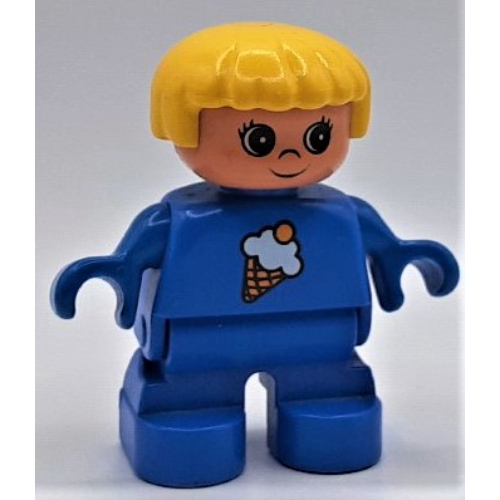 Duplo Figure, Early Child, with Straight Hair Yellow, Blue Legs, Ice Cream Print Blau