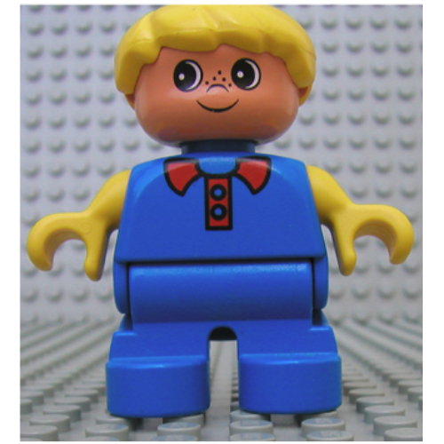 Duplo Figure, Early Child, Hair Swept Left Yellow, Blue Legs, Yellow Arms, Red Collar and Freckles Print Blau