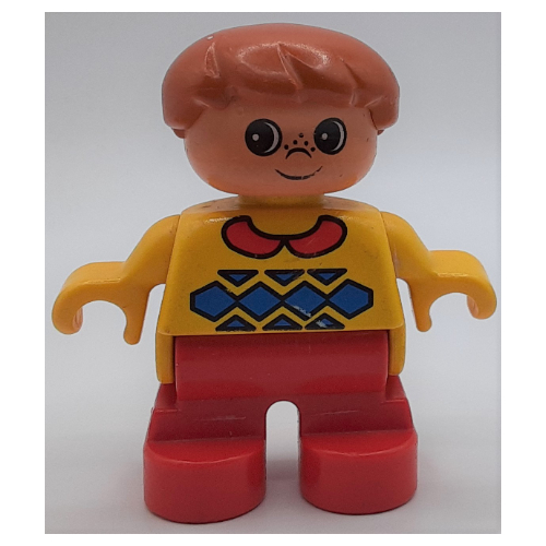 Duplo Figure, Early Child, Hair Swept Left Dark Orange, Red Legs, Red Collar and Blue Argyle Print Yellow