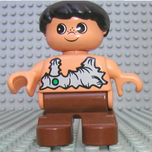Duplo Figure, Early Child, Hair Swept Left Black, Brown Legs, Rag Shirt with Green Spot, Freckles Print (Caveman) Nougat