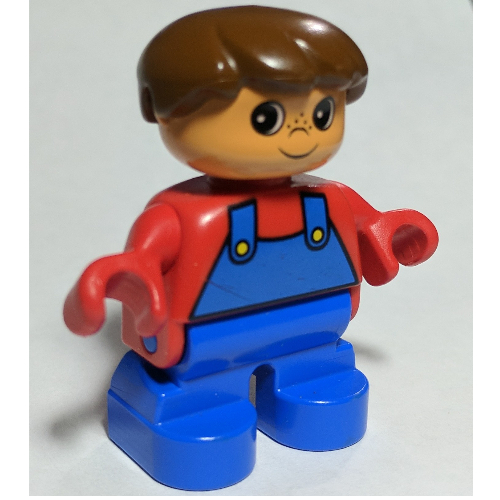 Duplo Figure, Early Child, Hair Swept Left Brown, Blue Legs, Red Top with Blue Overalls Print Rot