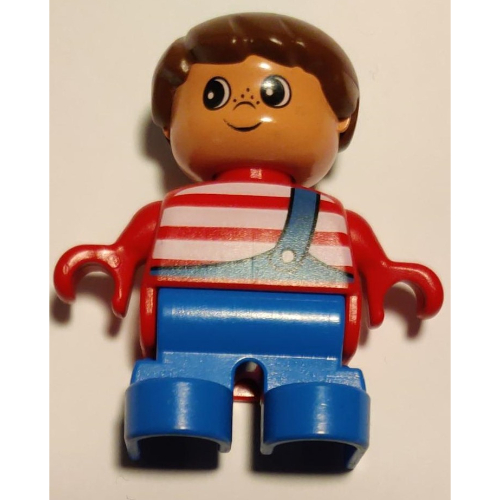 Duplo Figure, Early Child, Hair Swept Left Brown, Blue Legs, White Stripes and Blue Overalls with One Strap Print Rot