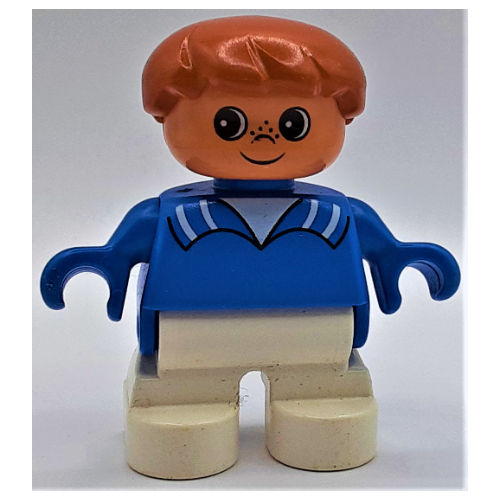 Duplo Figure, Early Child, Hair Swept Left Brown, White Legs, Collar Print Blue