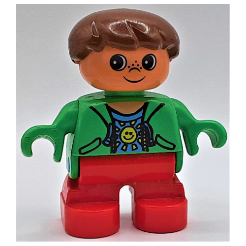 Duplo Figure, Early Child, Hair Swept Left Brown, Red Legs, Open Jacket Print Bright Green