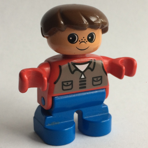 Duplo Figure, Early Child, Hair Swept Left Brown, Blue Legs, Dark Gray Shirt Print Rot