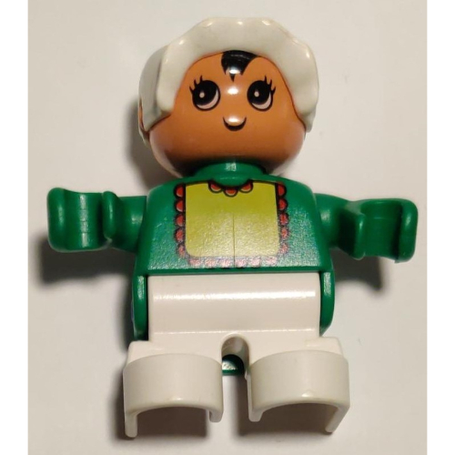 Duplo Figure, Early Child, with Bonnet White, and White Legs, Yellow Bib with Red Lace Print Grün