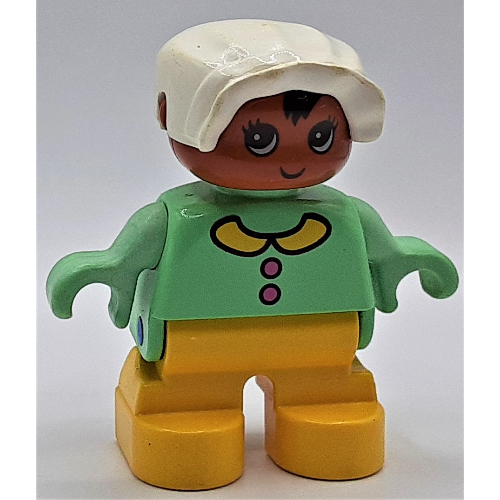 Duplo Figure, Early Child, with Bonnet White, Yellow Legs, Buttons and Collar Print Light Green