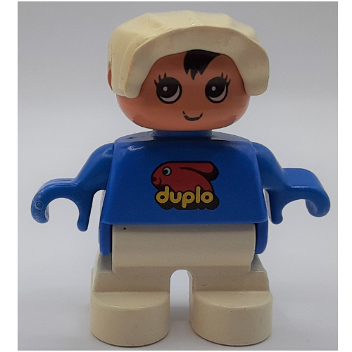 Duplo Figur, frühes Kind, mit Haube weiß, weiße Beine, Duplo-Hasen-Logo (bedruckt)