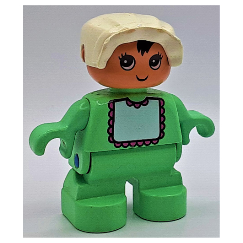 Duplo Figure, Early Child, with Bonnet White, Medium Green Legs, White Bib with Dark Pink Lace Print Mittelgrün