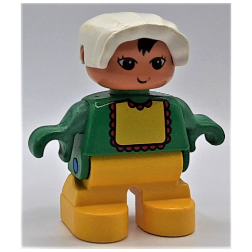 Duplo Figure, Early Child, with Bonnet White, Yellow Legs, Yellow Bib with Red Lace Print Grün
