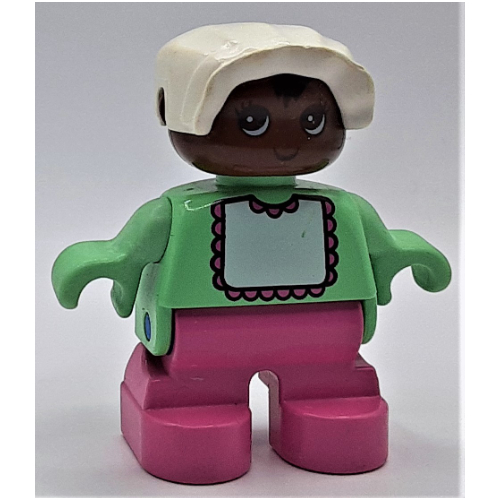 Duplo Figure, Early Child, with Bonnet White, Medium Dark Pink Legs, White Bib with Medium Dark Pink Lace Print Light Green
