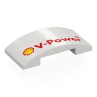 Brick Curved 4 × 2 Double with Red Shell 'V-Power' print Weiß