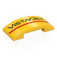 Brick Curved 4 × 2 Double with Black 'VISTA JET', Red Stripe print Yellow