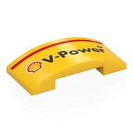 Brick Curved 4 × 2 Double with Black Shell 'V-Power', Red Stripe print Gelb