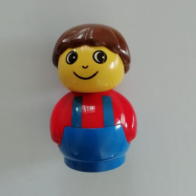 Primo Figure Boy with Blue Base, Blue Suspenders Print, Brown Hair Red