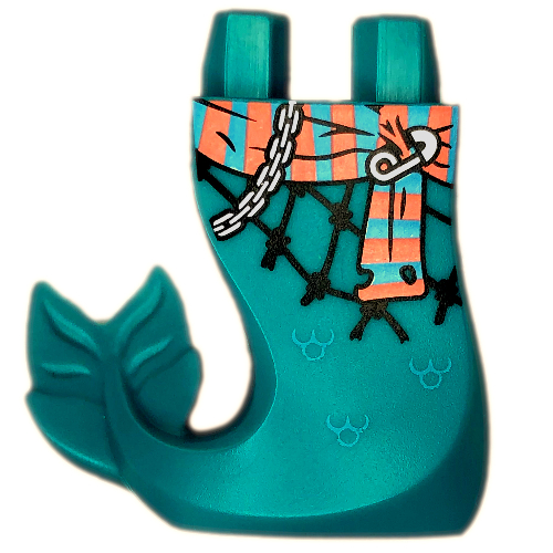 Tail, Mermaid Curved Right with Coral/Medium Azure Sash, Safety Pin, Chain Print Dunkeltürkis
