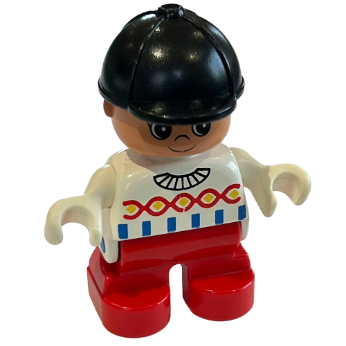 Duplo Figure, Early Child, with Helmet Black, Red Legs, Decorated Top Print White