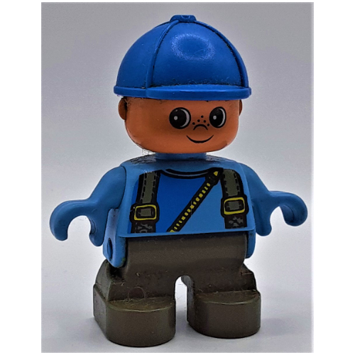 Duplo Figure, Early Child, with Helmet Blue, Dark Gray Legs, Straps and Zipper Print Blau