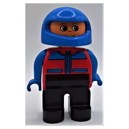 Duplo Figure, Early, Helmet Blue, Black Legs, Blue Arms, Jacket with Zipper, Pockets, and Blue Shoulders Print Red