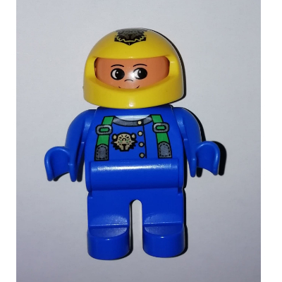 Duplo Figure, Early, Helmet Yellow, Blue Legs, Blue Arms, Jacket with Green Straps Print Blau