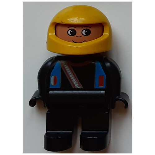 Duplo Figure, Early, Helmet Yellow, Light Gray Legs, Blue Straps and Racer Diagonal Zipper Print Schwarz