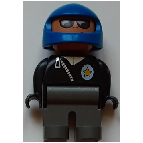 Duplo Figure, Early, Helmet Blue, Dark Gray Legs, Sunglasses, Diagonal Zippered Jacket and Police Badge Print Black