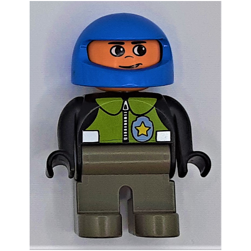 Duplo Figure, Early, Helmet Blue, Dark Gray Legs, Lime Vest and Police Badge Print Black